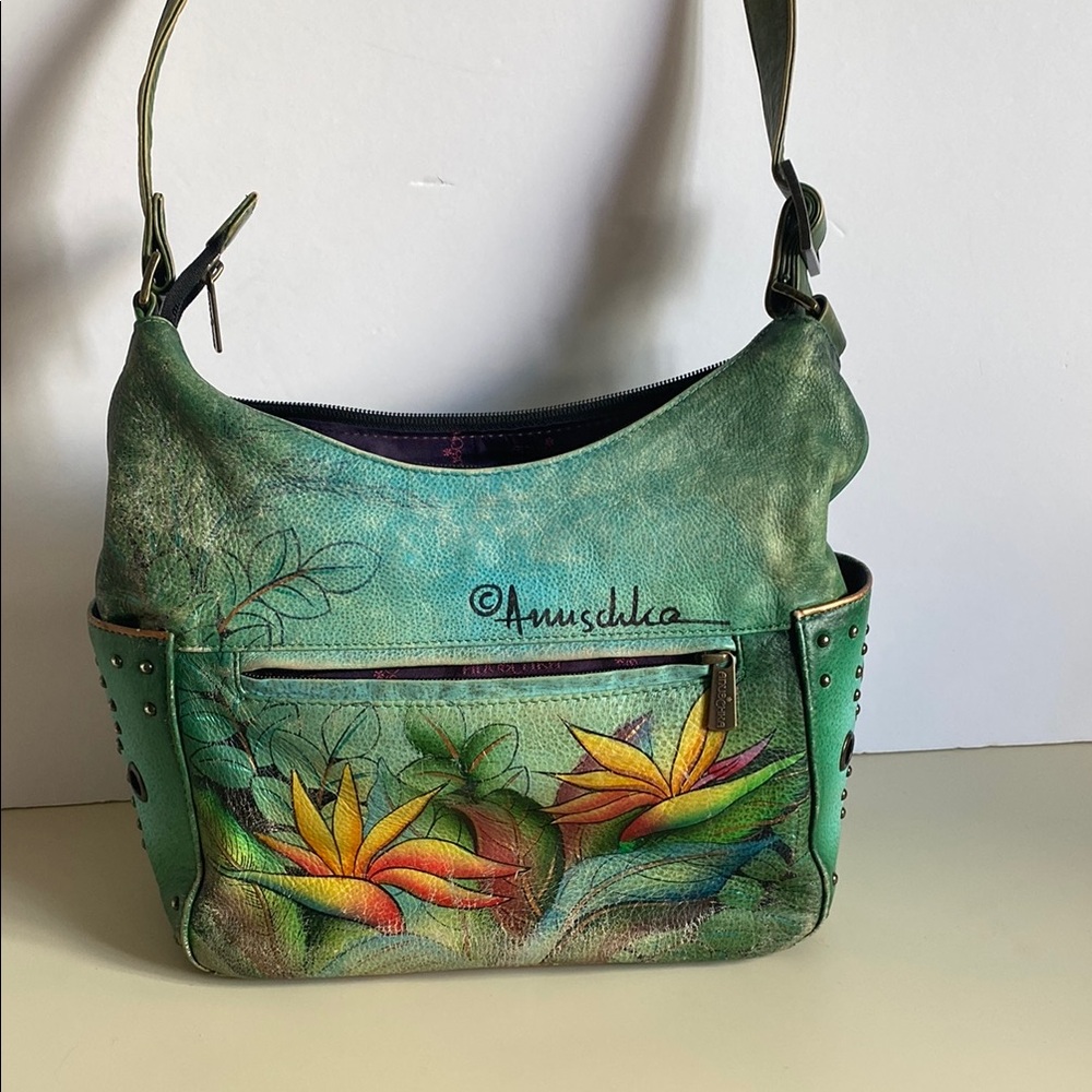 Anuschka Green and Yellow Artistic Shoulder Bag approx 9” across